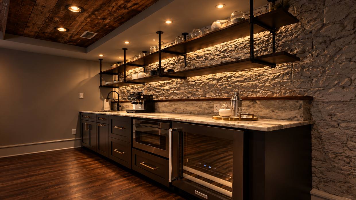 Finished basement wet bar with stone wall and floating shelves