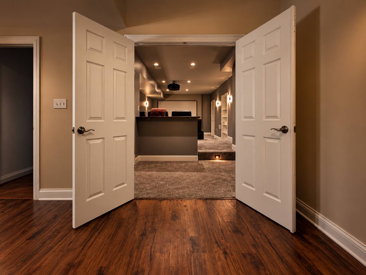 Smooth finished walls and trim opening into a finished basement