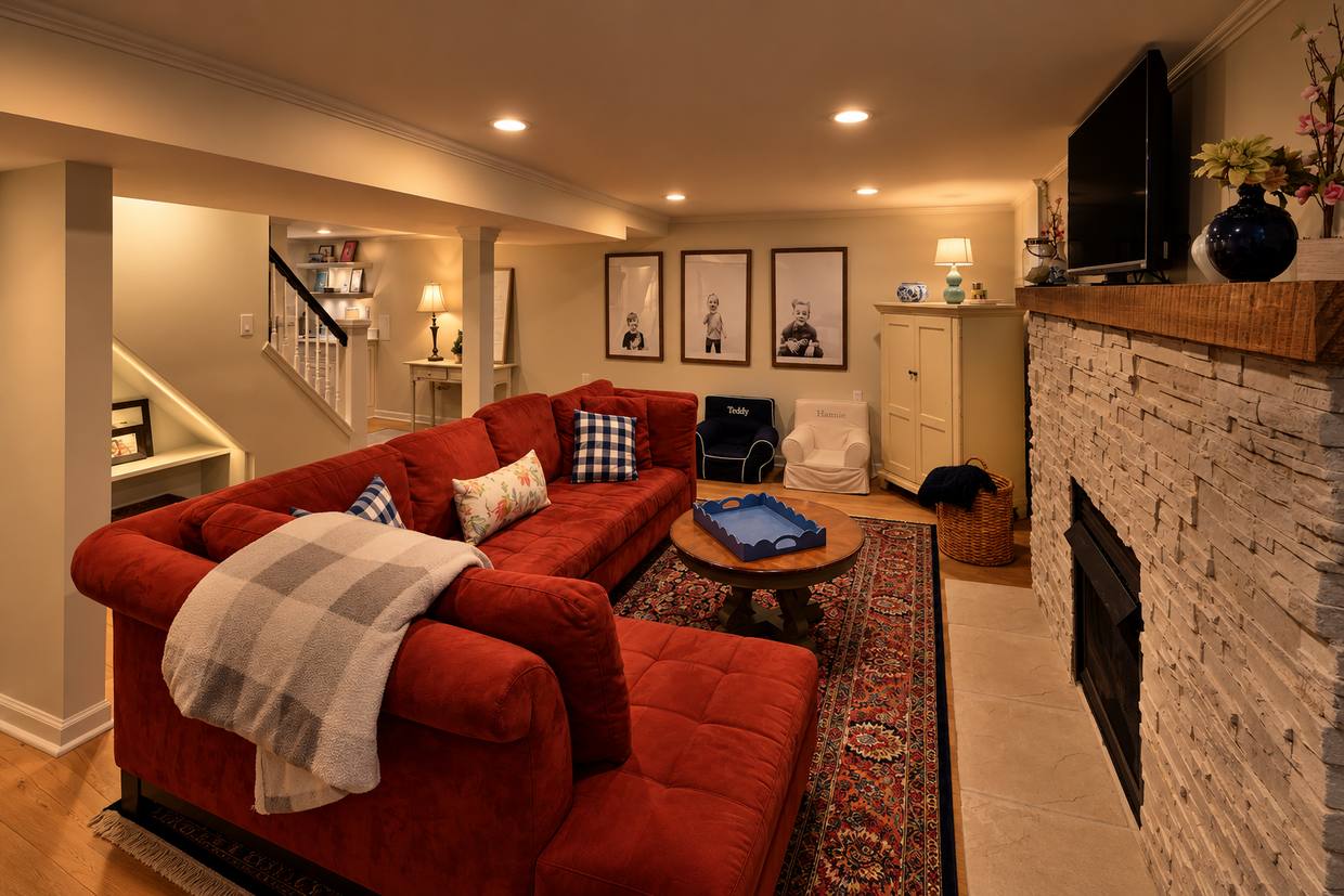 Finished basement living room with stone fireplace