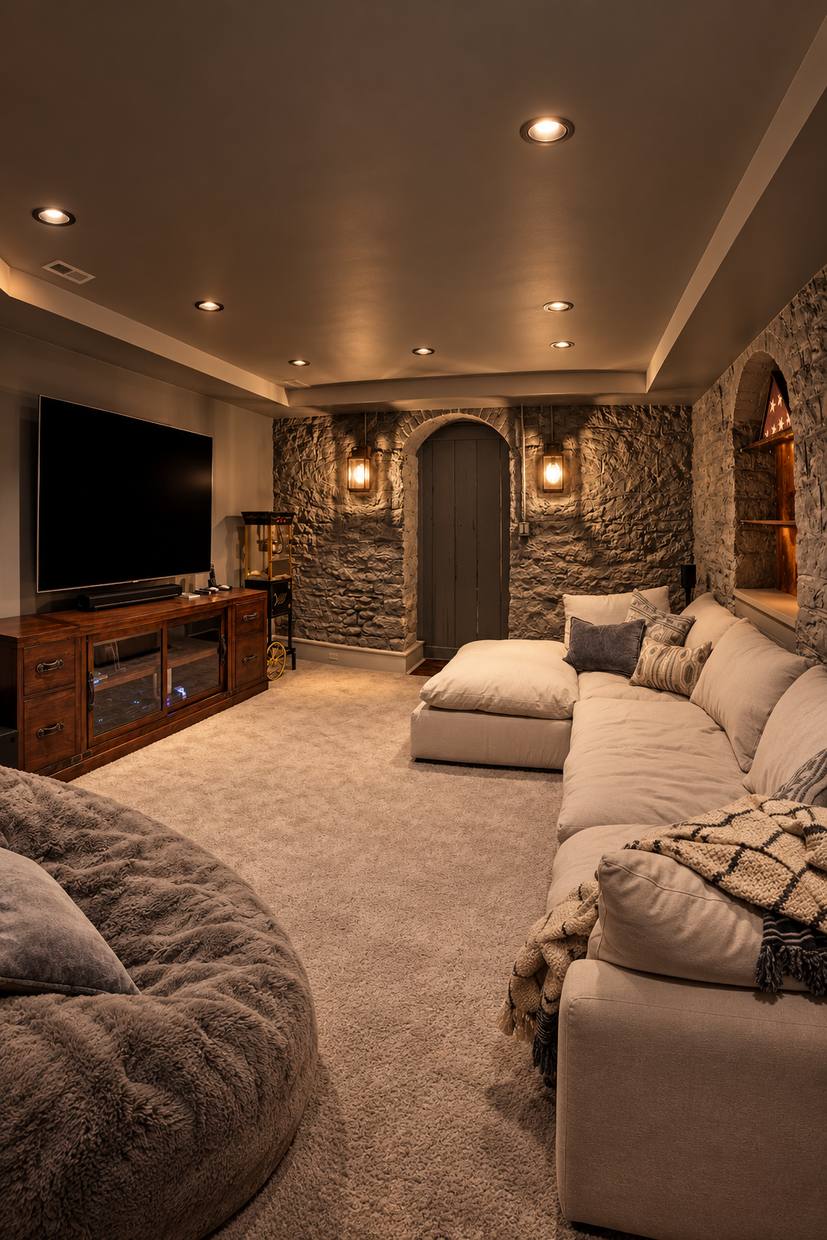 Basement lounge with sectional sofa and stone accent wall