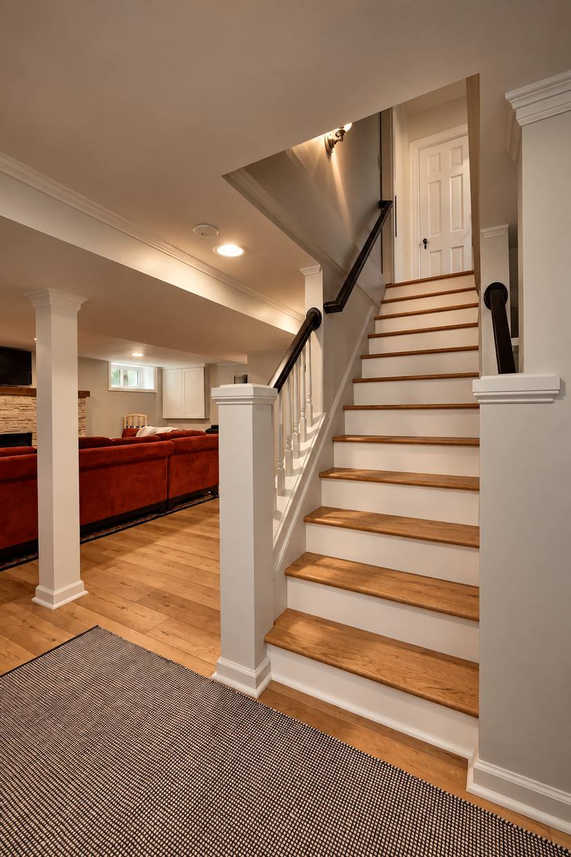 Staircase down to a finished basement