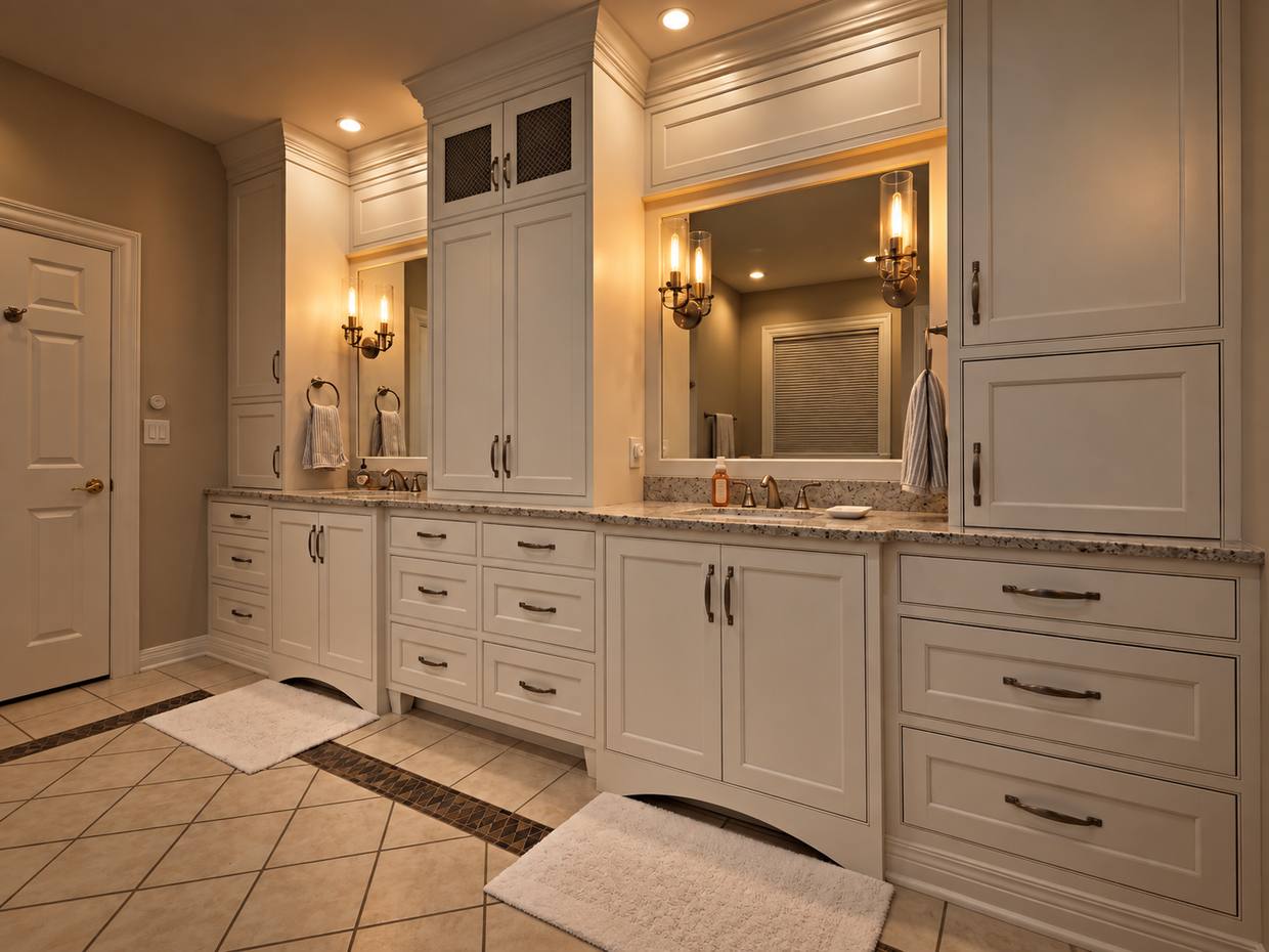 Bathroom with built-in cabinetry and double vanity