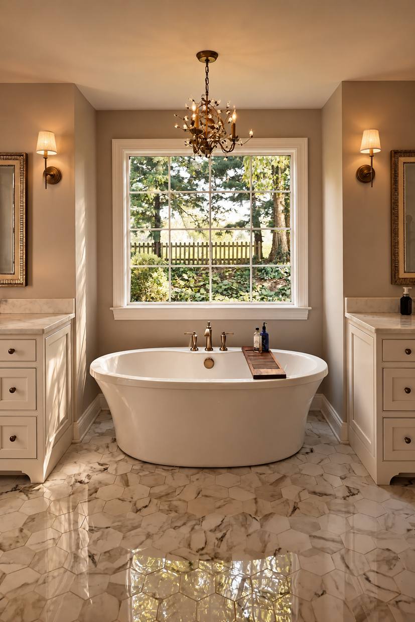 Bathroom with freestanding tub under a chandelier