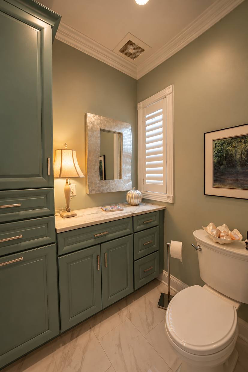 Bathroom with green vanity
