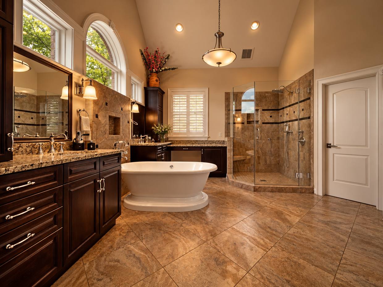 Primary bathroom with freestanding tub and glass shower