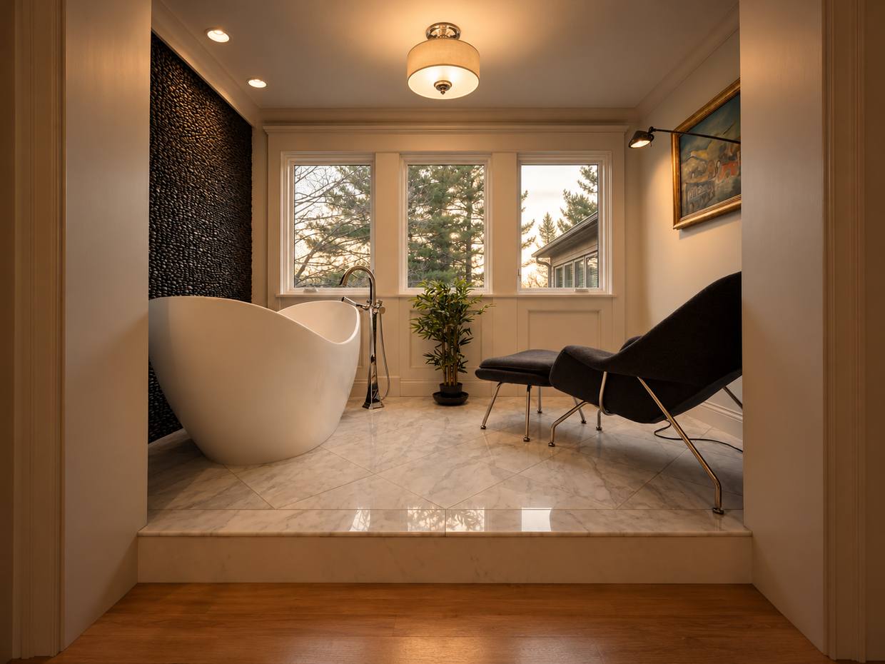 Bathroom with sculpted freestanding tub