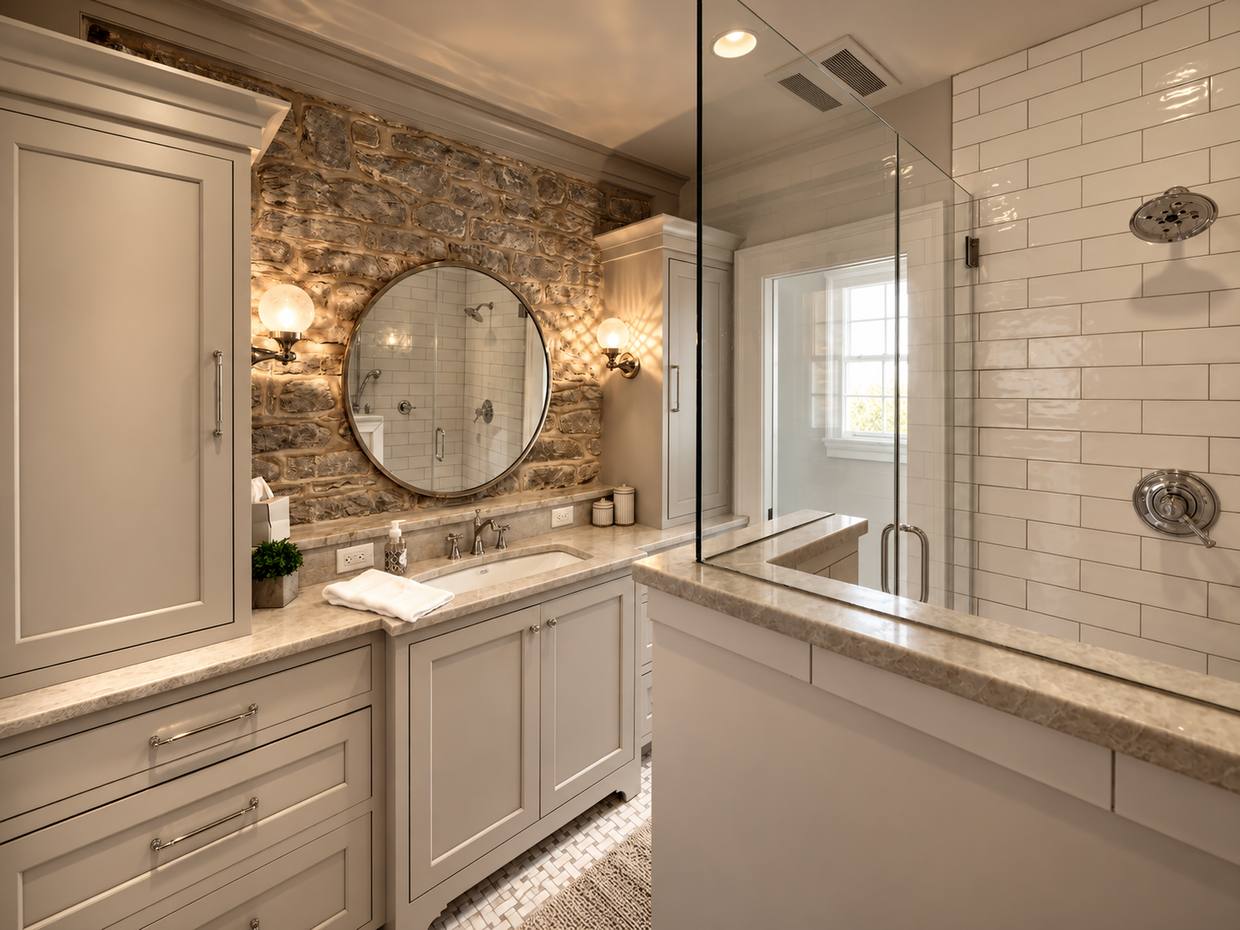 Bathroom with stone accent wall and glass shower