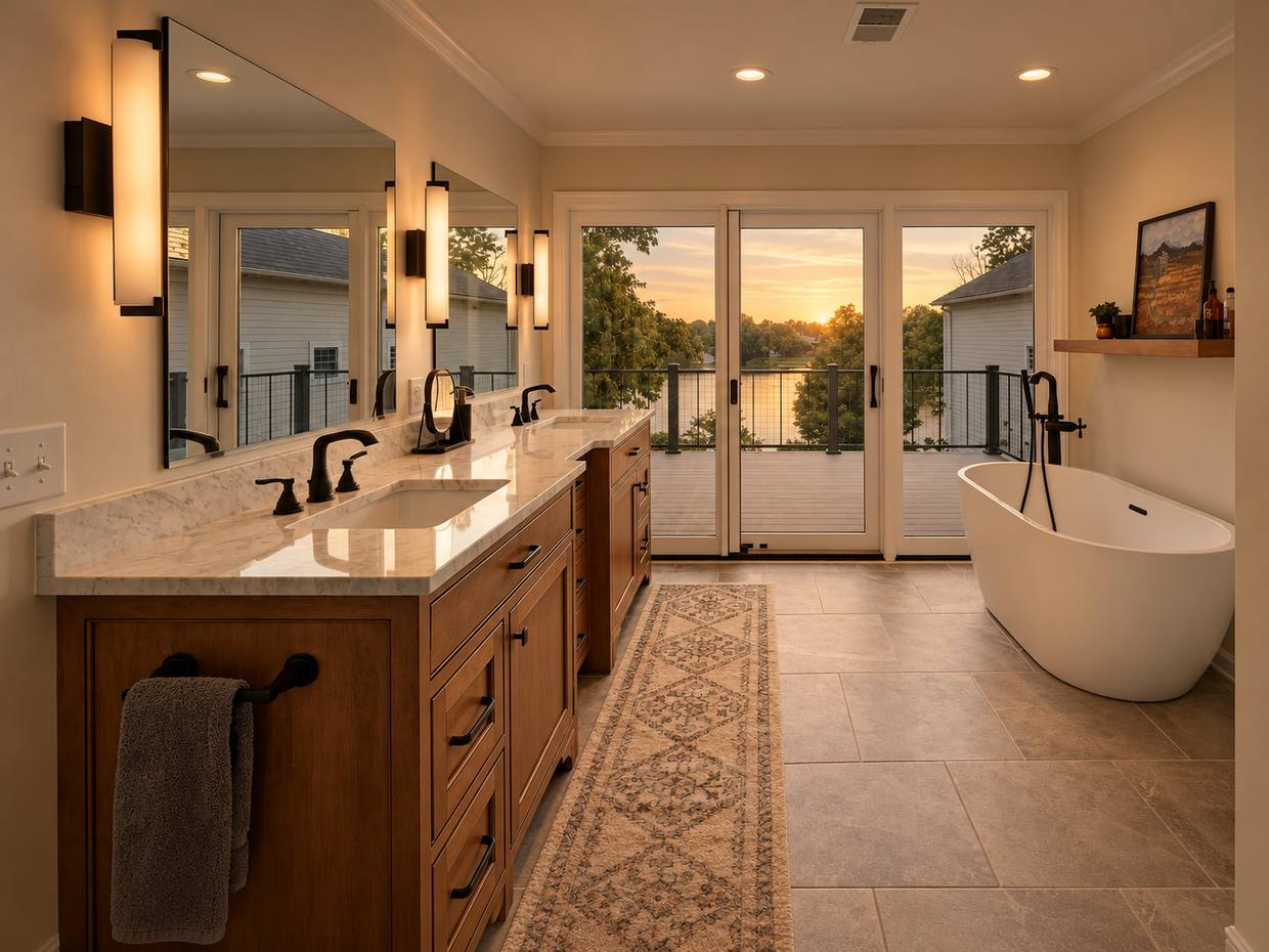 Bathroom with walnut double vanity and freestanding tub