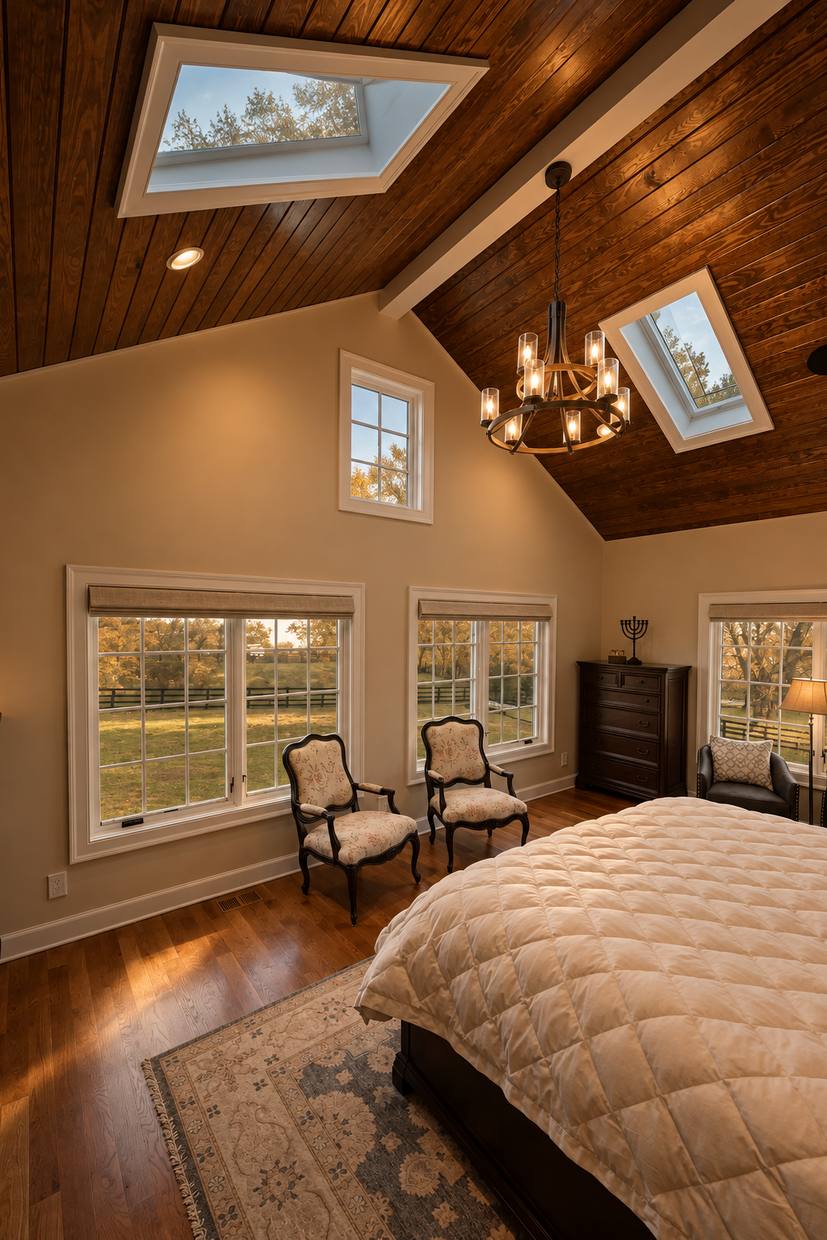 Bedroom with vaulted wood ceiling and skylights