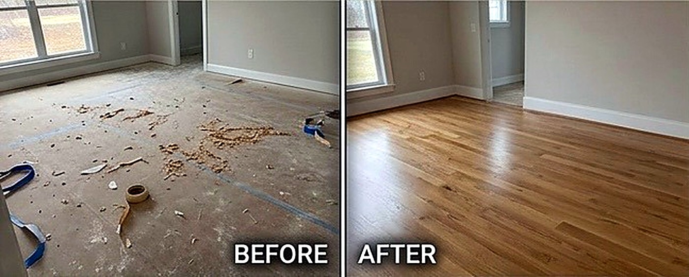 Construction clean before and after — debris to spotless finished floor
