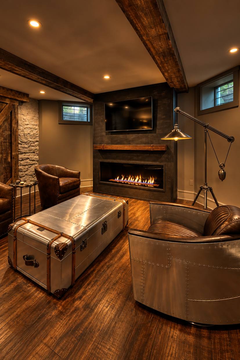 Den with fireplace and leather chairs
