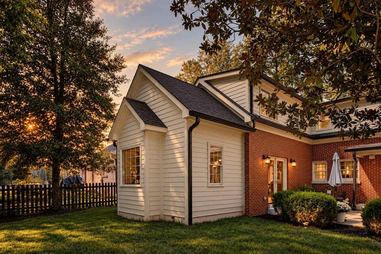 Home addition with white siding and gable