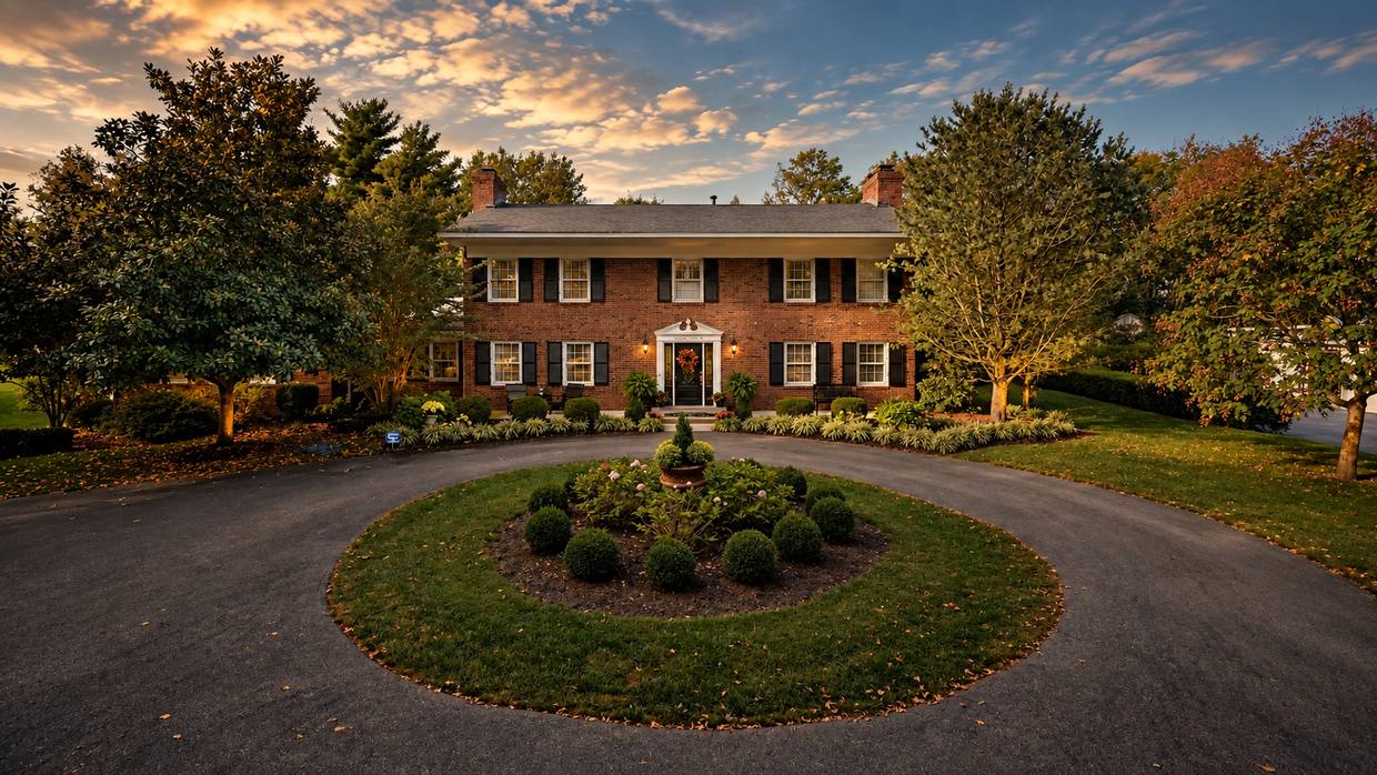 Brick colonial home with circular drive