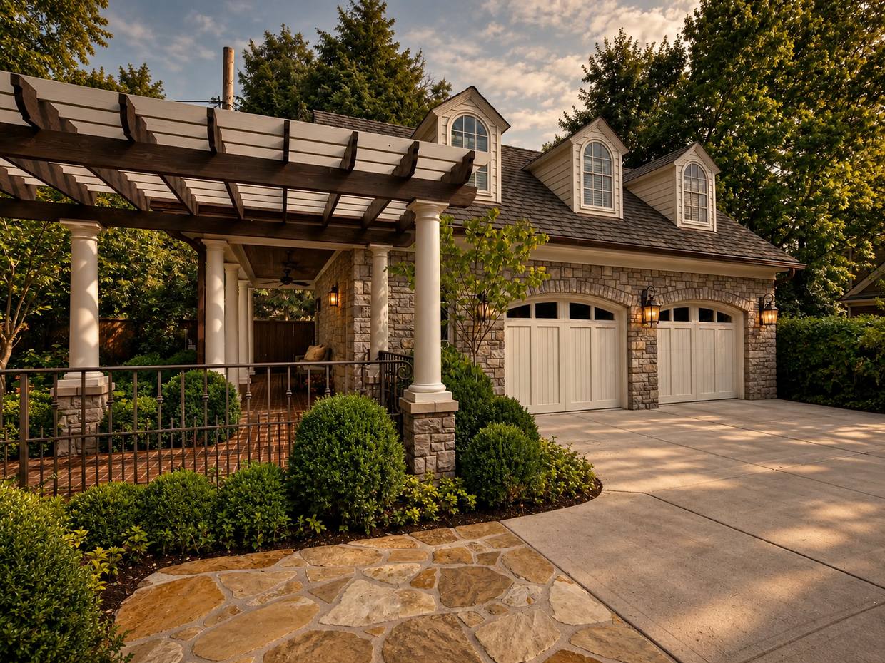 Stone garage with dormers and pergola-covered patio