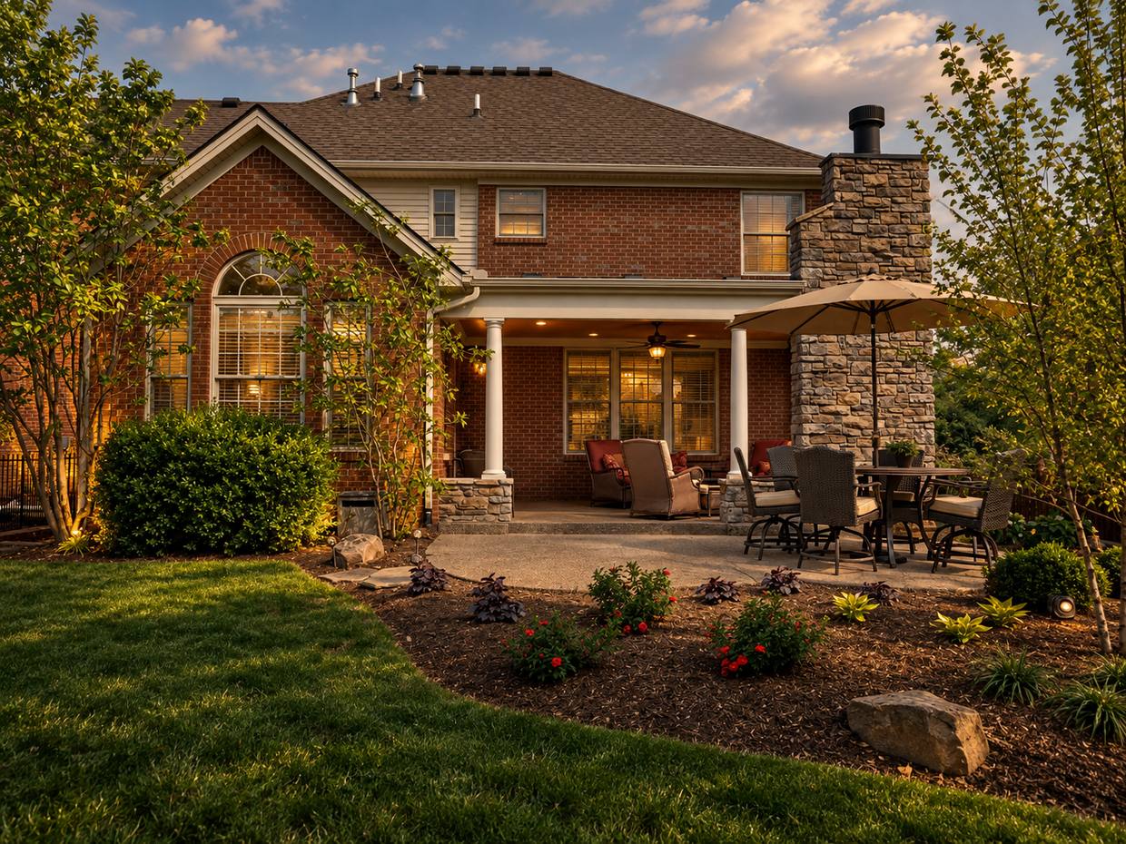 Brick home with rear patio and landscaping