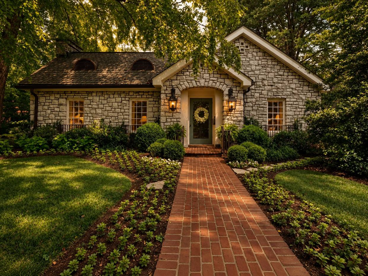 Stone cottage with brick walkway and landscaped beds