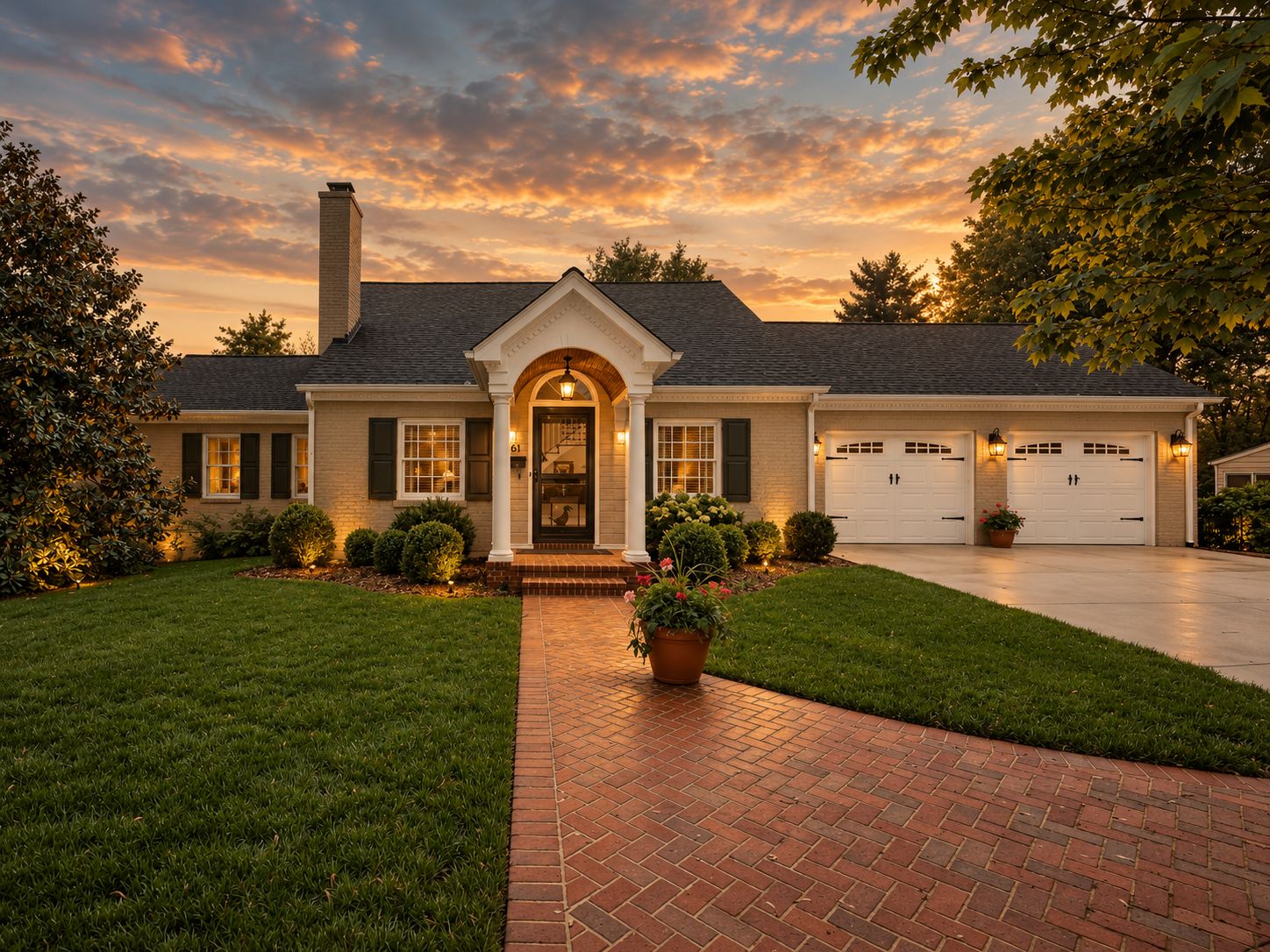 Brick ranch home with herringbone walkway at sunset