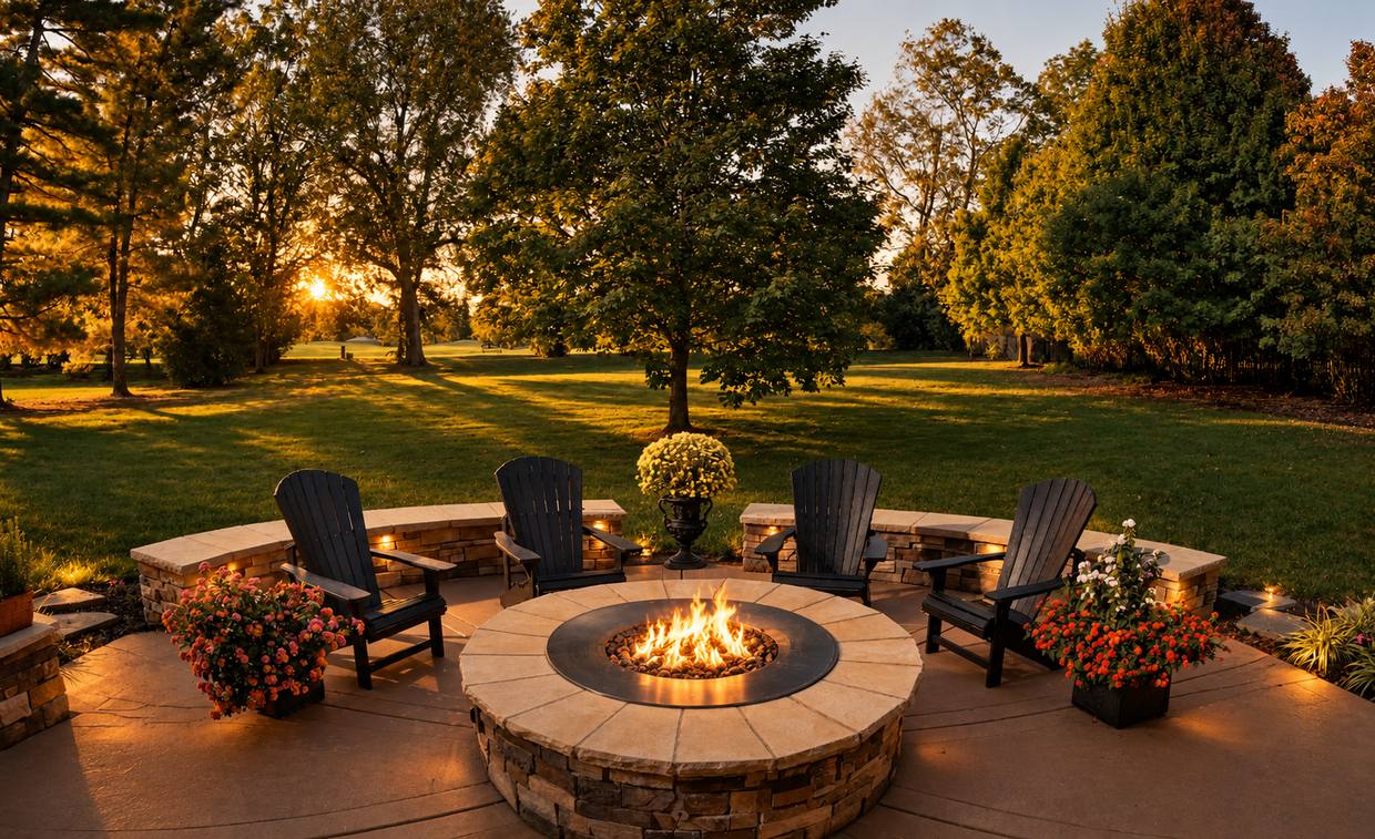 Stone fire pit patio with seating at sunset