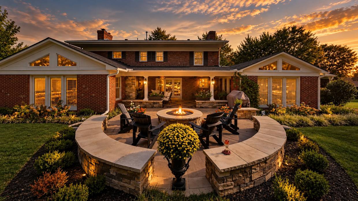 Curved stone seating wall around a fire pit