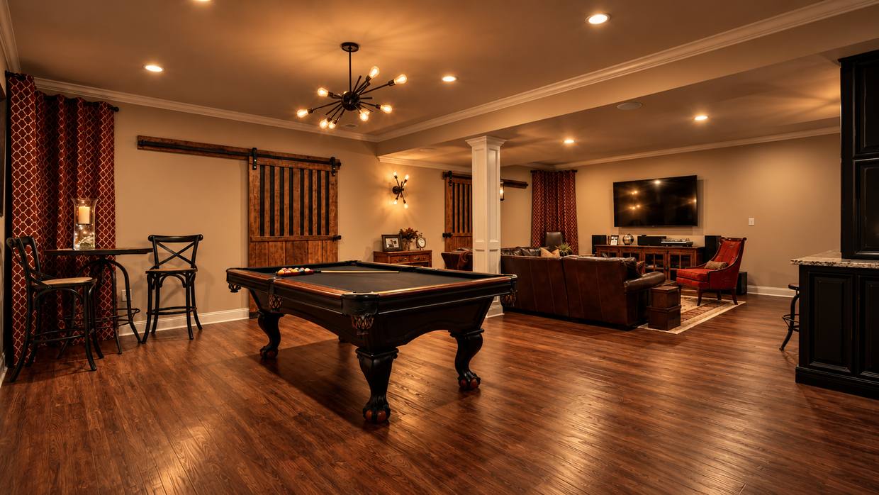 Basement game room with pool table