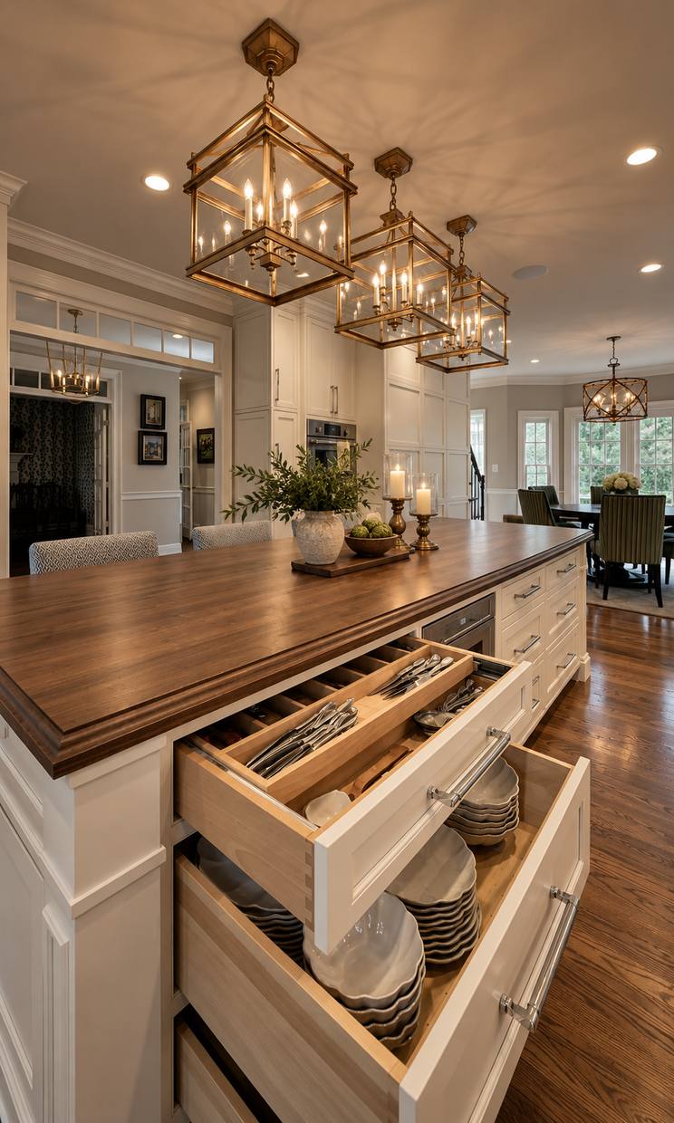 Kitchen island with butcher-block top and deep drawers