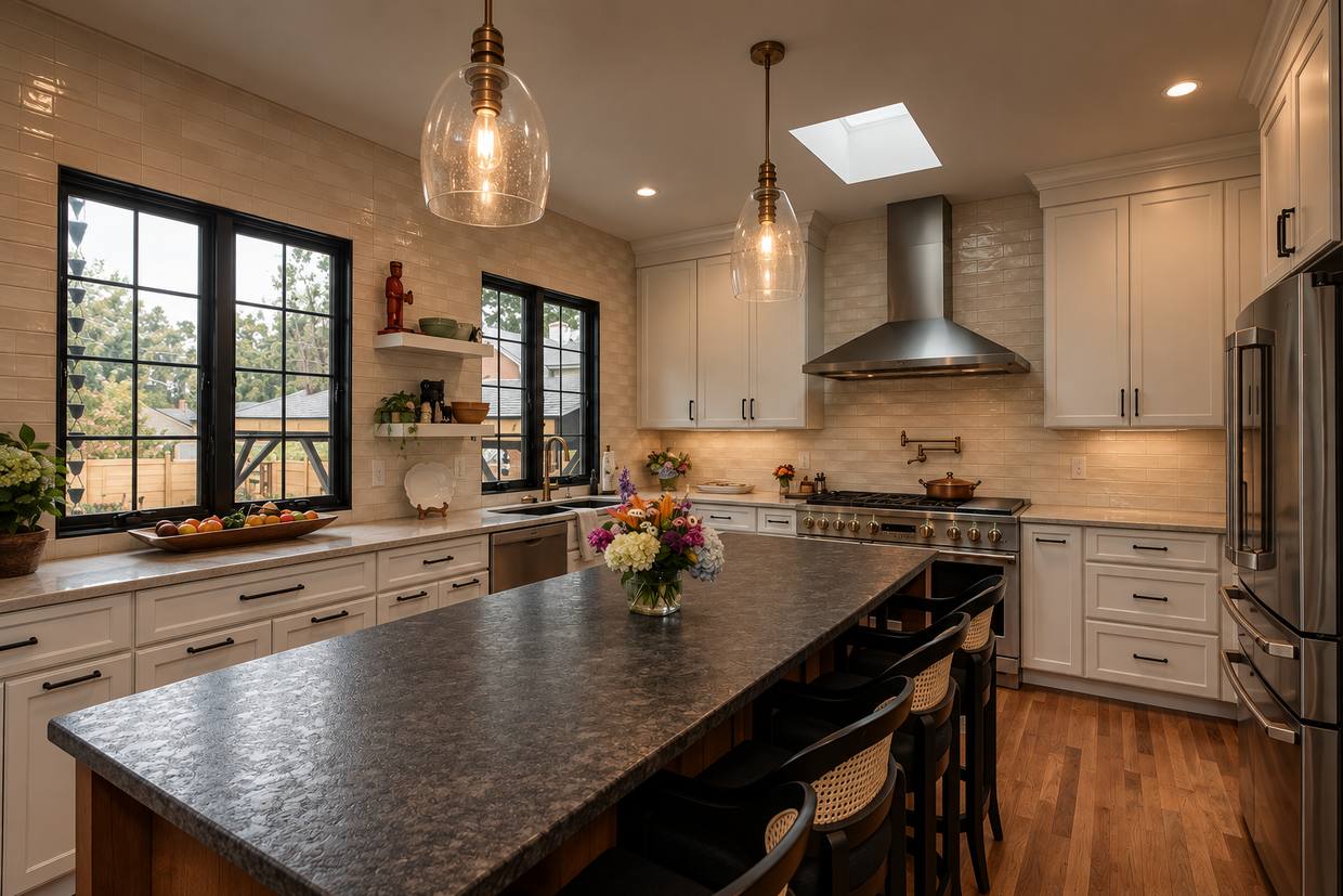 Remodeled kitchen with large granite island and white cabinetry