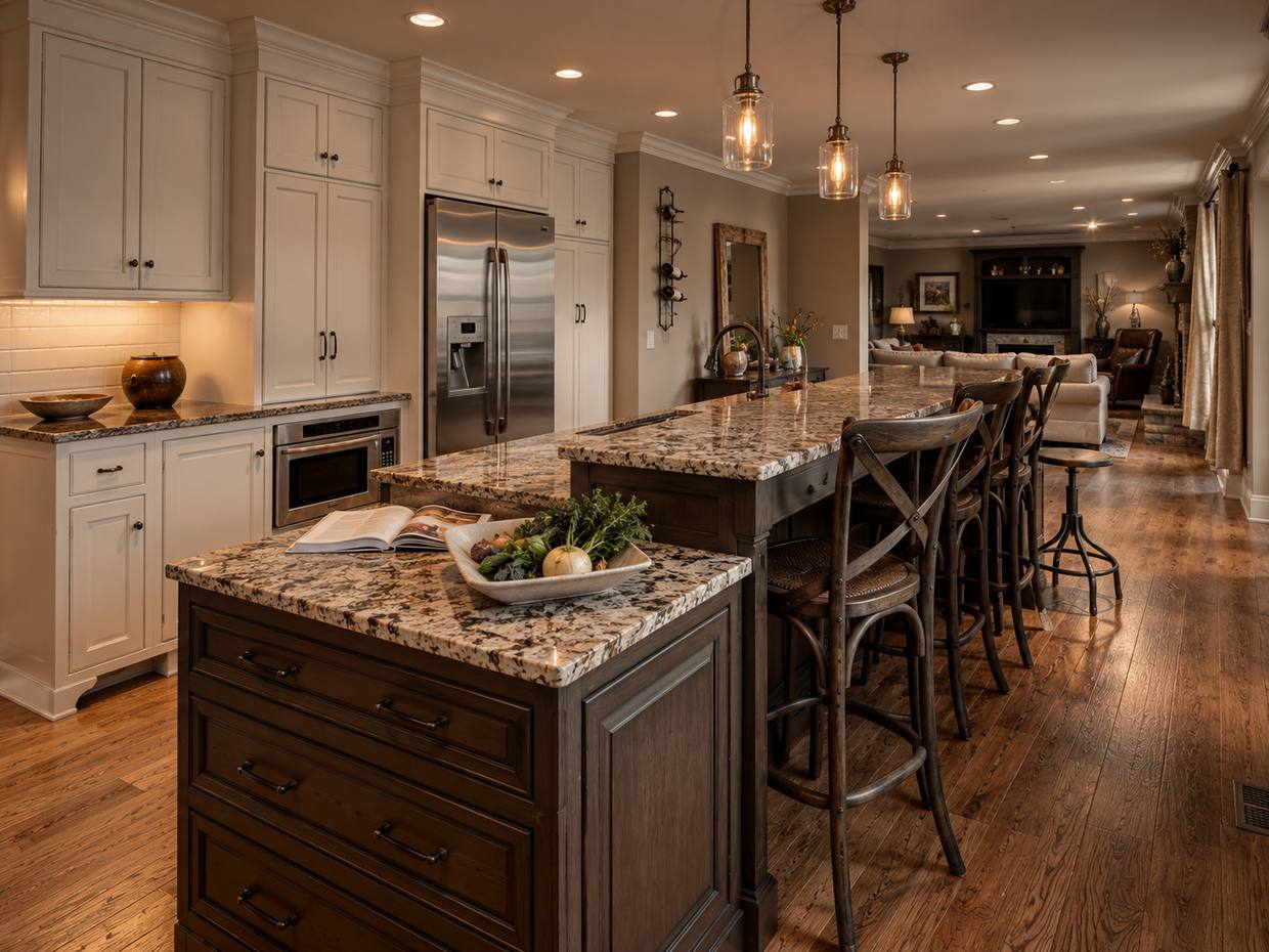 Kitchen with long island and bar seating