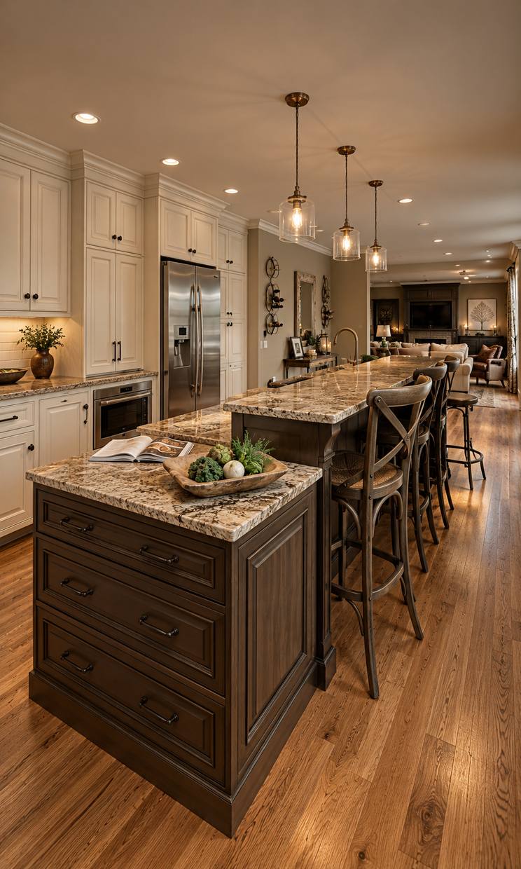 Long kitchen island with stools