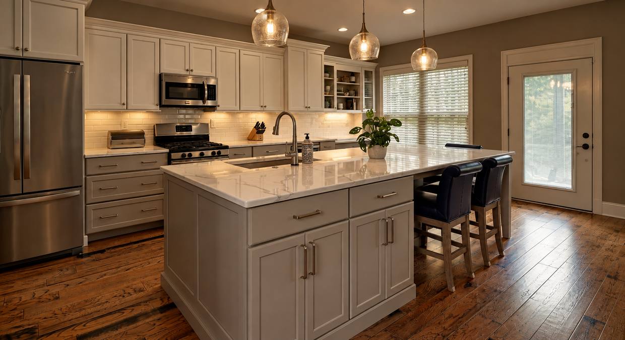 White kitchen with center island and pendant lights