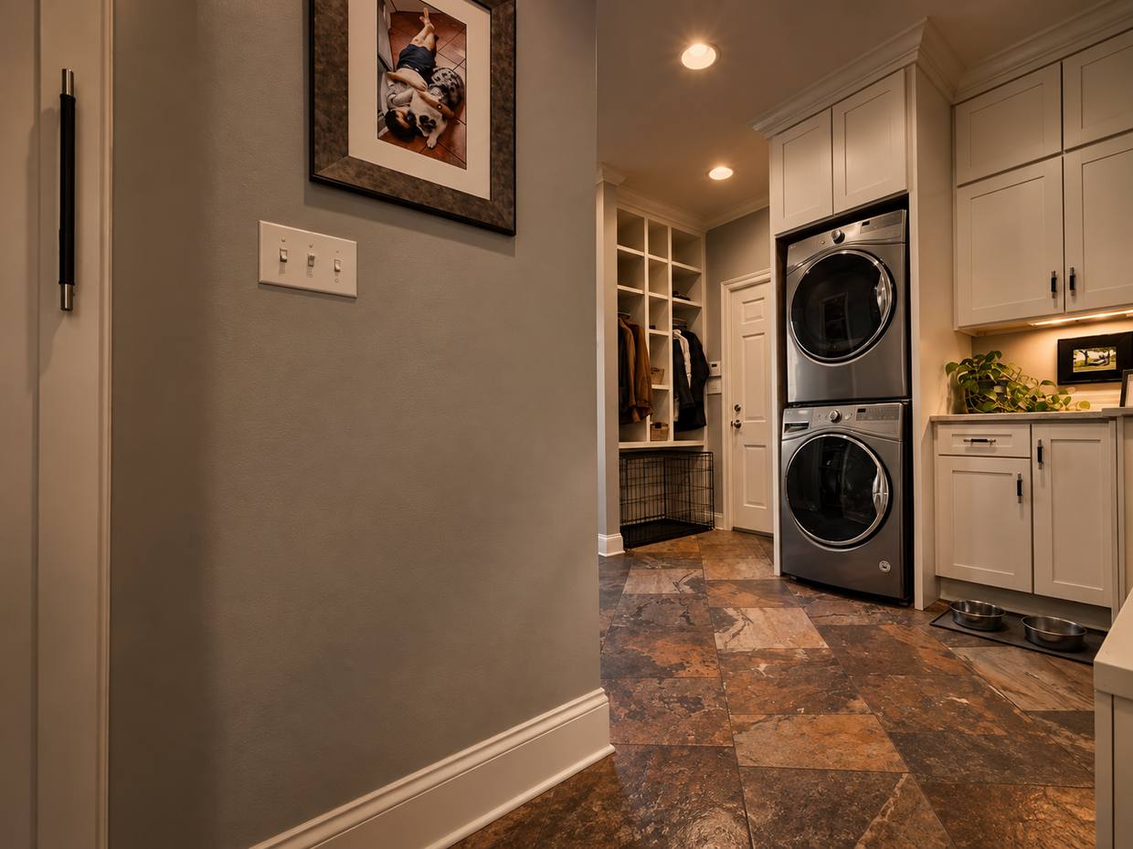 Laundry and mudroom with stacked washer and dryer