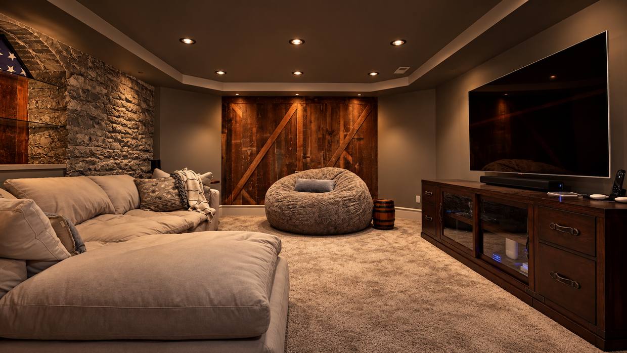 Media room with sliding barn doors