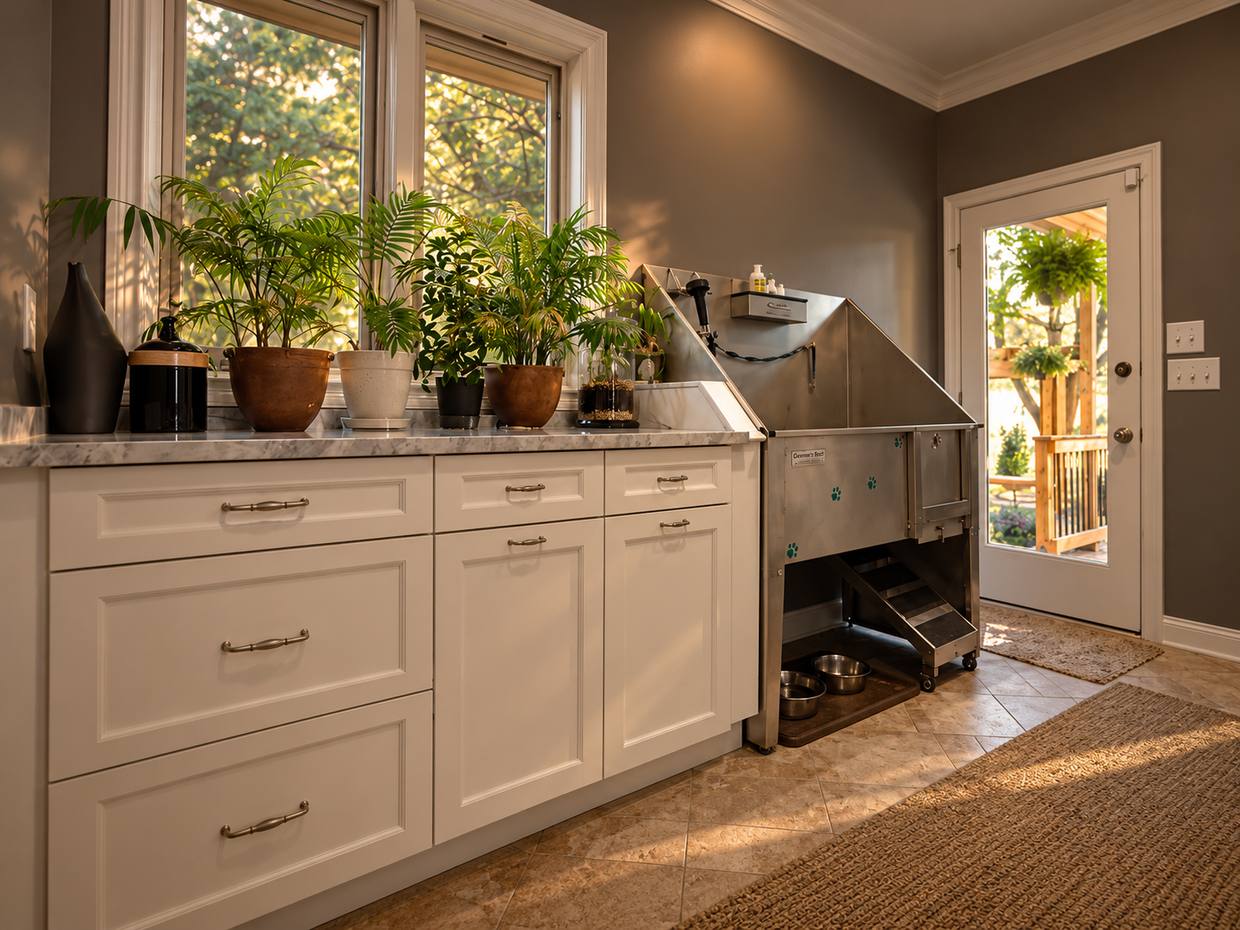 Mudroom with built-in pet wash station