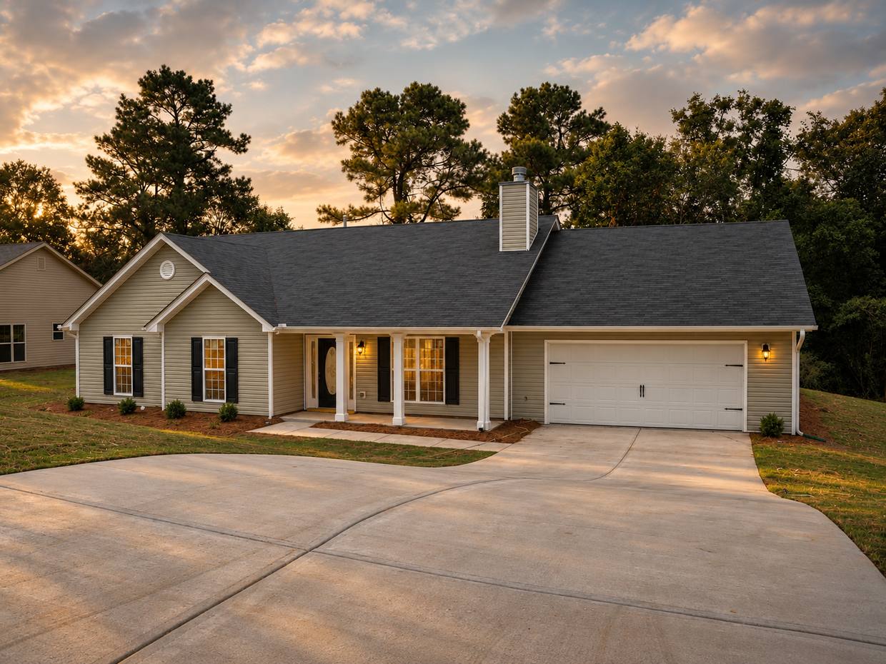 New ranch home with wide concrete drive