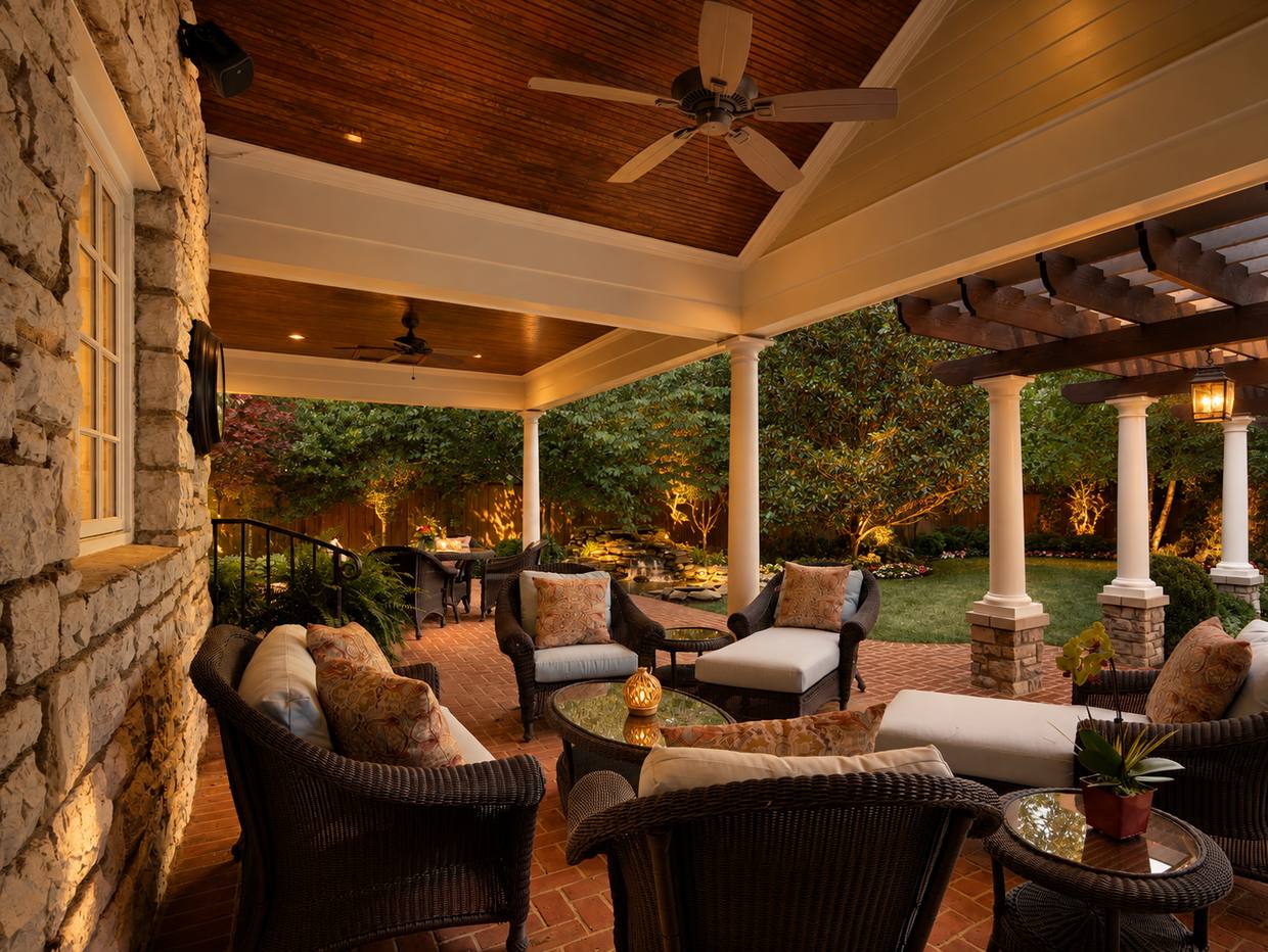 Covered stone patio with seating