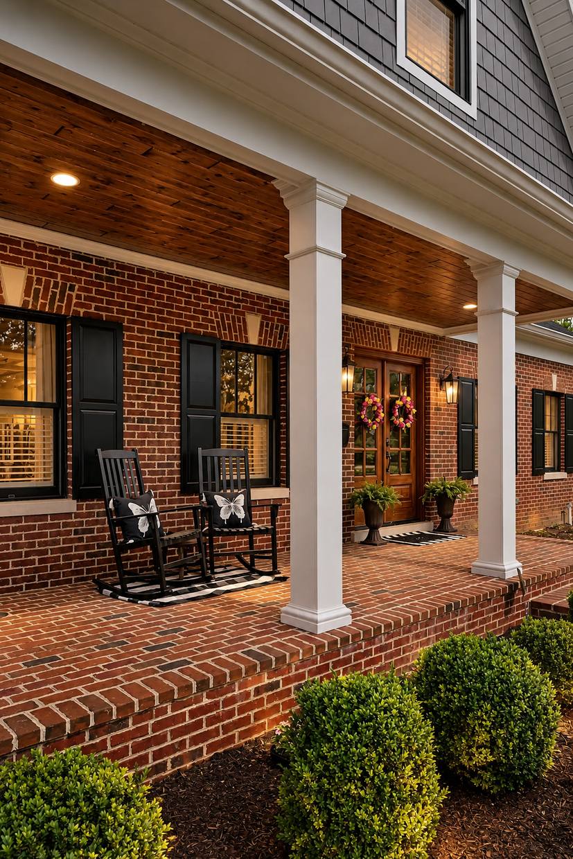 Brick front porch with white columns and rocking chairs