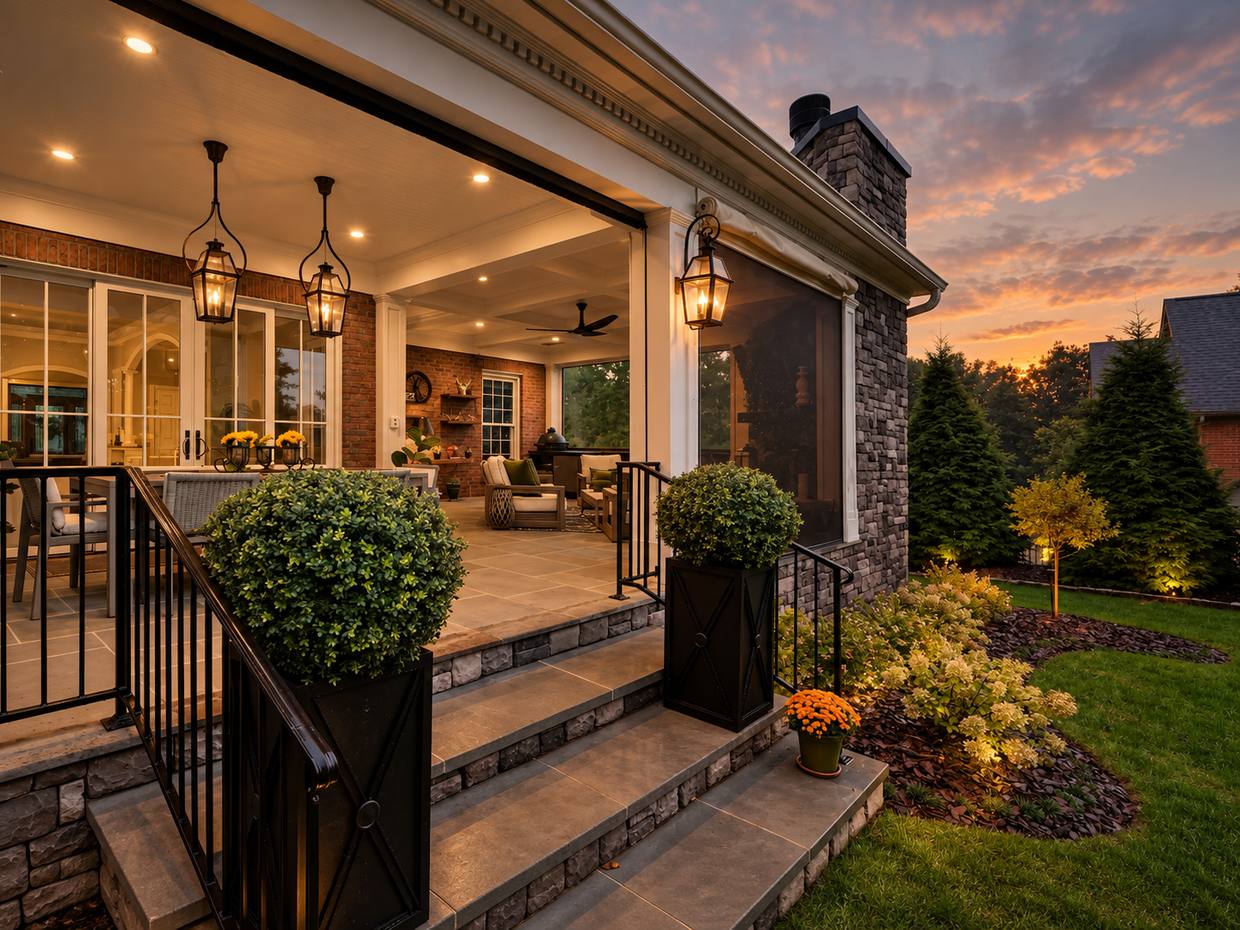 Covered back porch with lanterns at sunset