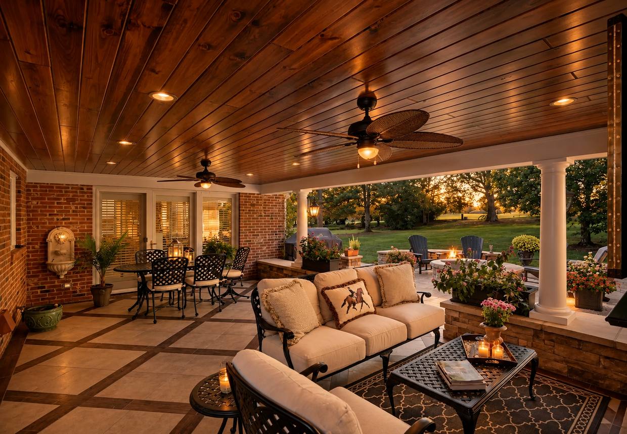 Covered porch with tongue-and-groove wood ceiling