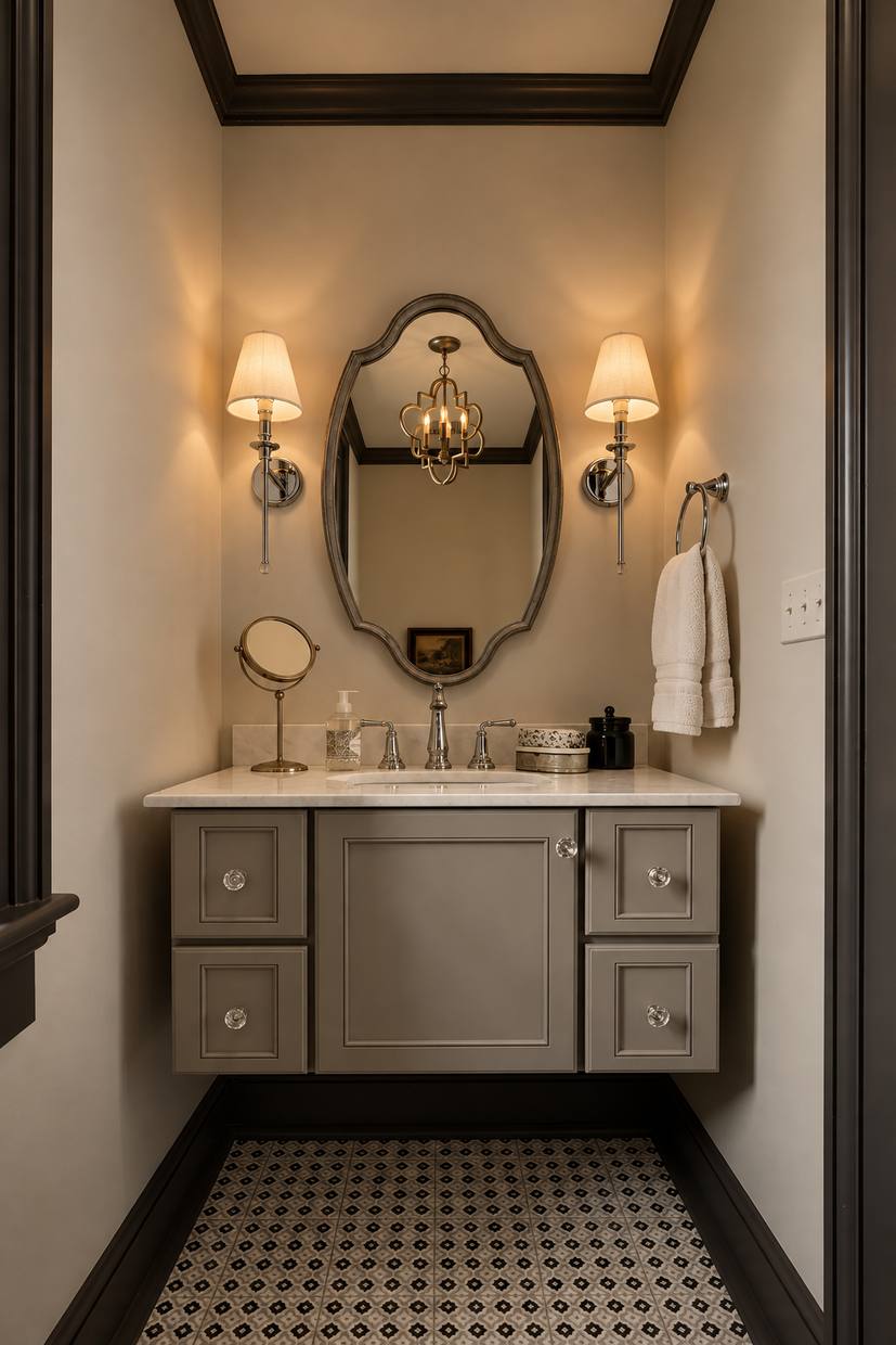 Powder room with gray vanity and mosaic tile floor