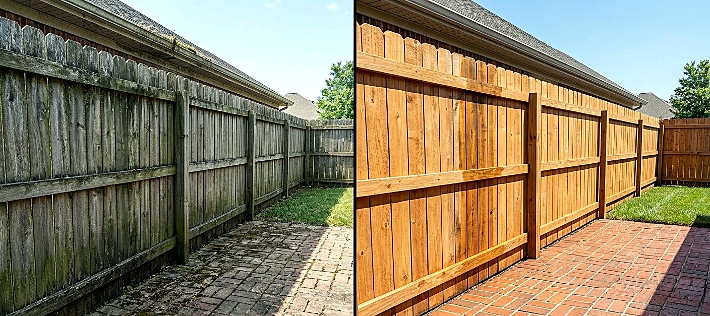 Wood fence before and after power washing
