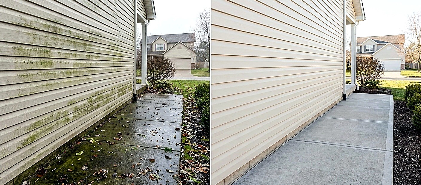 Home siding and concrete before and after power washing