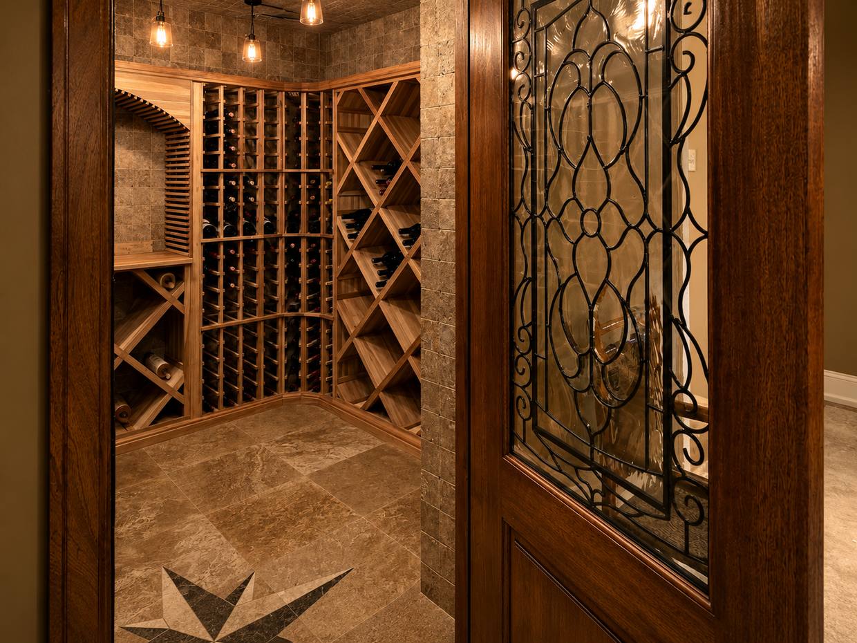 Wine room behind an iron and glass door
