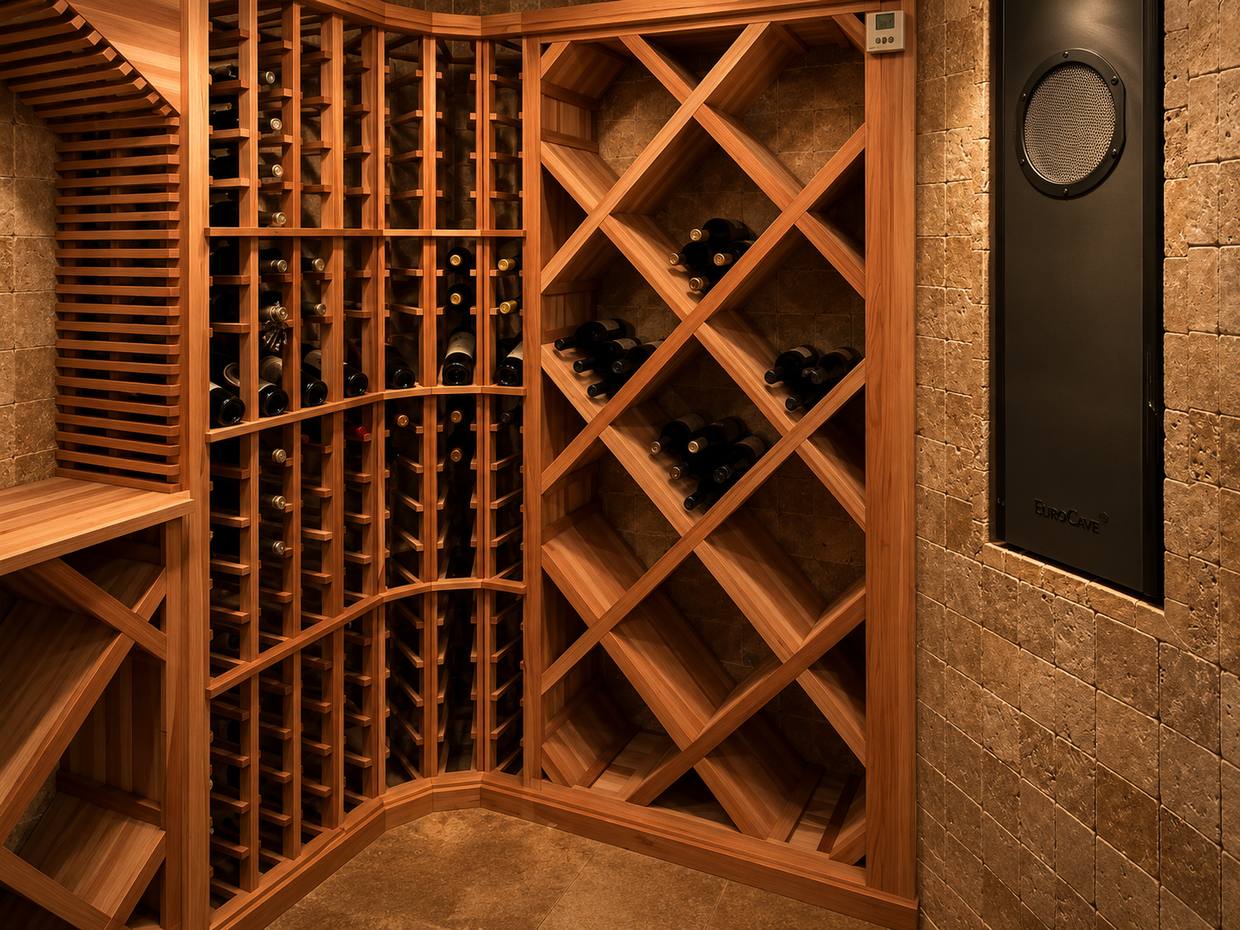 Custom wine cellar with wood racking